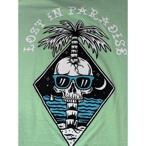 Retrofit Mens XL T-Shirt Mint Green Lost In Paradise Skull Palm Tree Graphic Tee